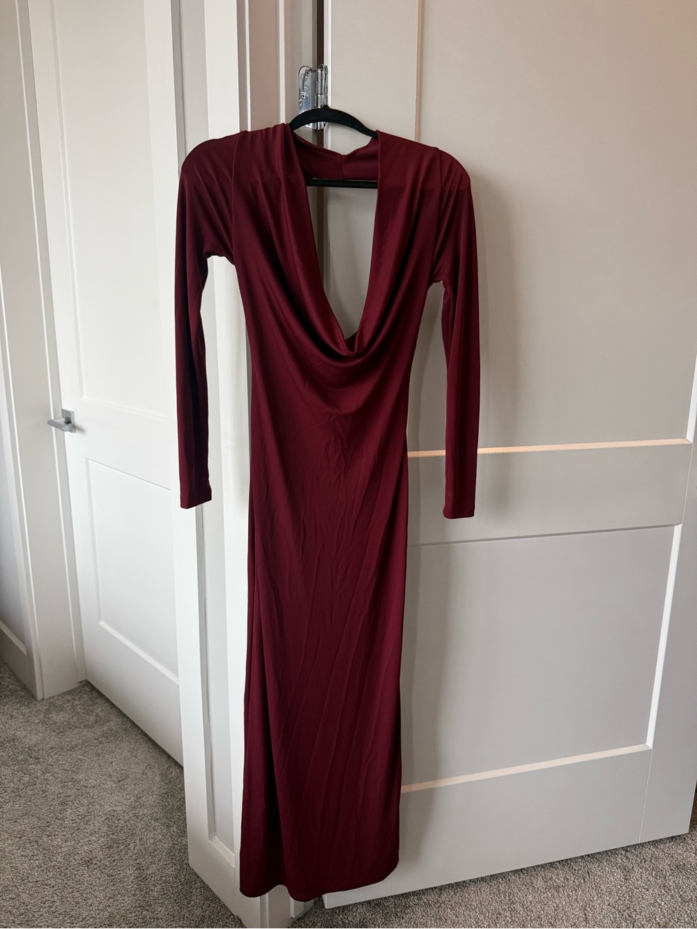 Zara Deep Burgundy Long Sleeve Draped Maxi Dress